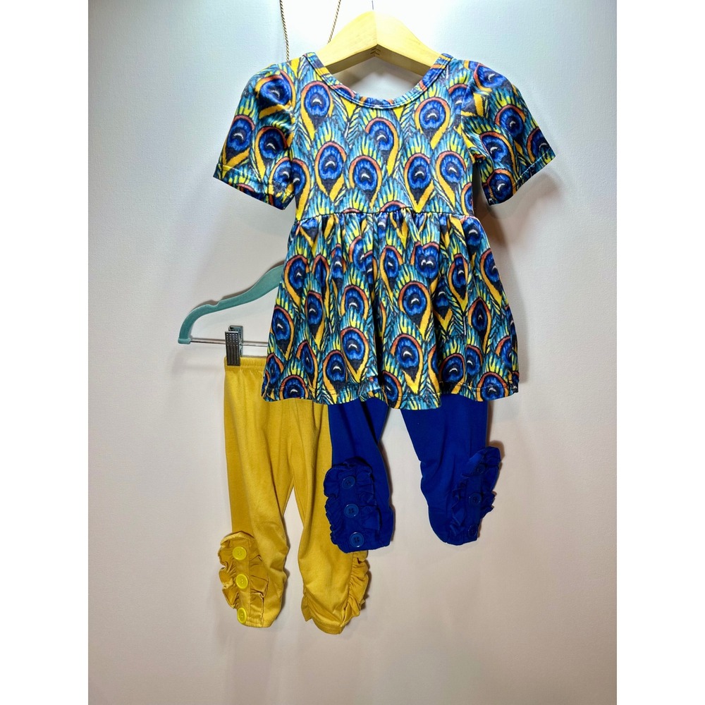 Peacock Feather Print Tunic Top and Ruffle Leggings Set Blue Yellow 3-Piece